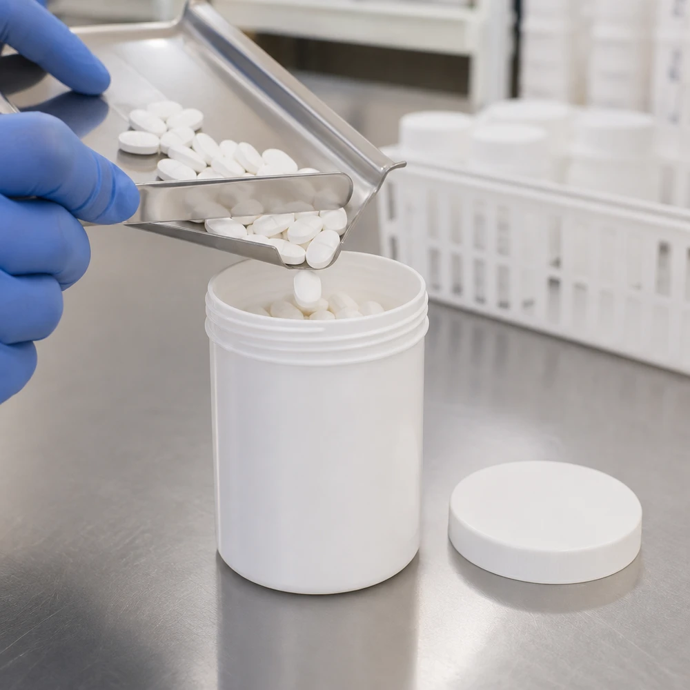 Pot à onguent blanc 250 g avec couvercle blanc (PP) Conditionnement de médicaments dans des pots blancs de 250 g munis d'un couvercle à vis en PP, dans un environnement pharmaceutique