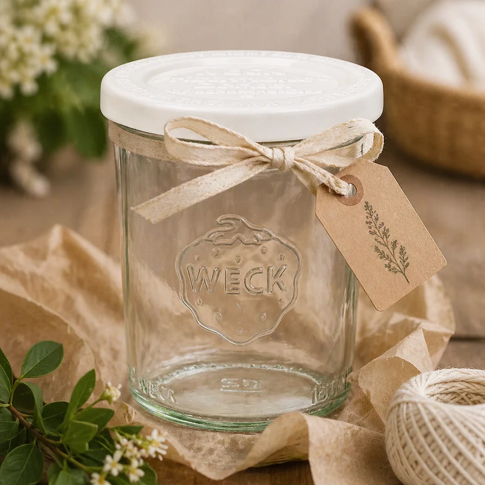 Vaso di vetro da 160 ml con coperchio salva-freschezza WECK RR60 WECK Sturzglas 160ml mit Dekobändchen und Anhänger - rustikale Geschenkverpackung für selbstgemachte Marmelade