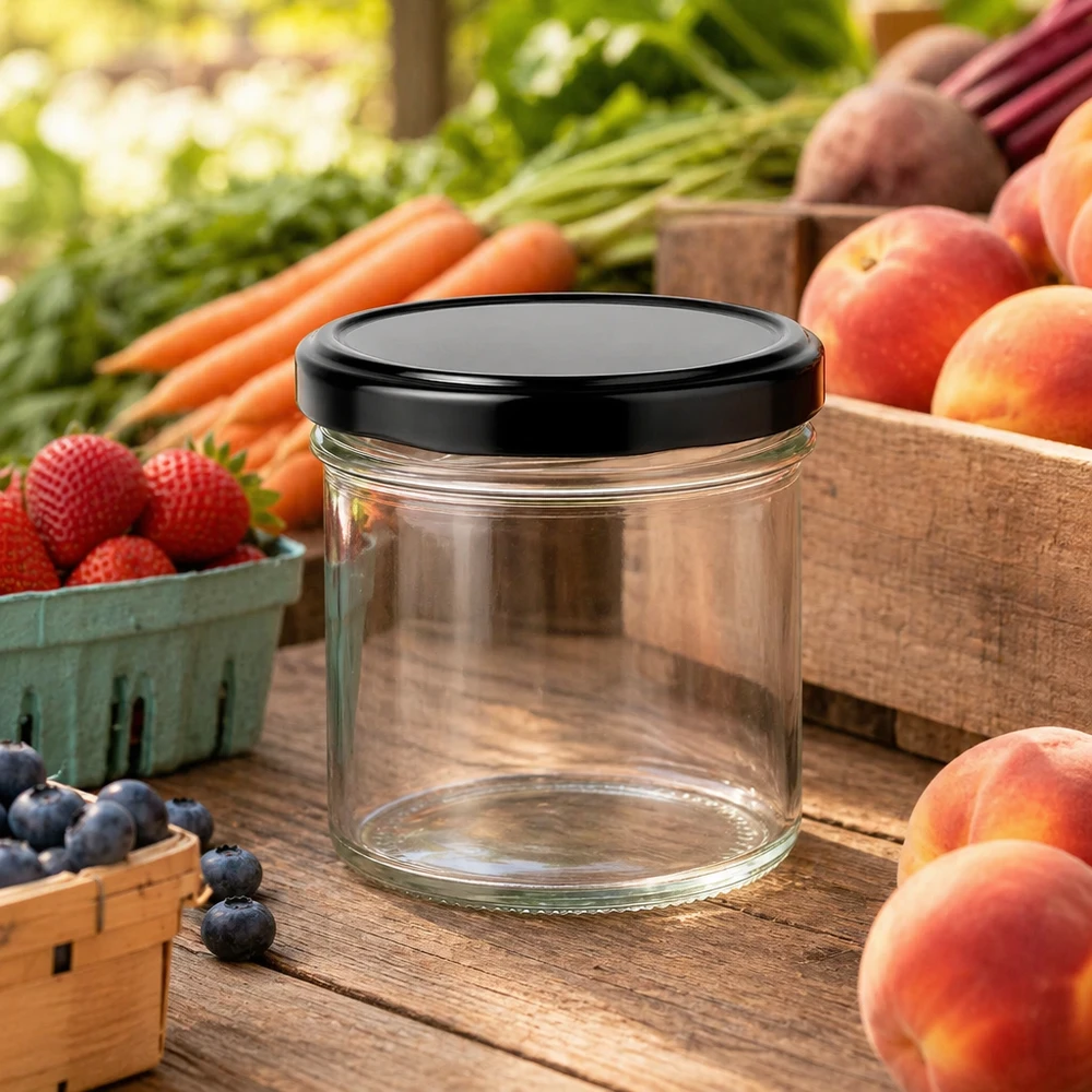 125ml Sturzglas mit BasicSeal Deckel schwarz UNiTWIST 125ml Sturzglas mit schwarzem Deckel zwischen frischem Obst und Gemüse auf Holztisch Marktstand-Atmosphäre