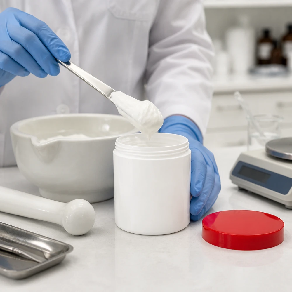 Remplissage d'un pot à col large de 300 g, blanc, avec couvercle rouge, avec une pommade médicinale