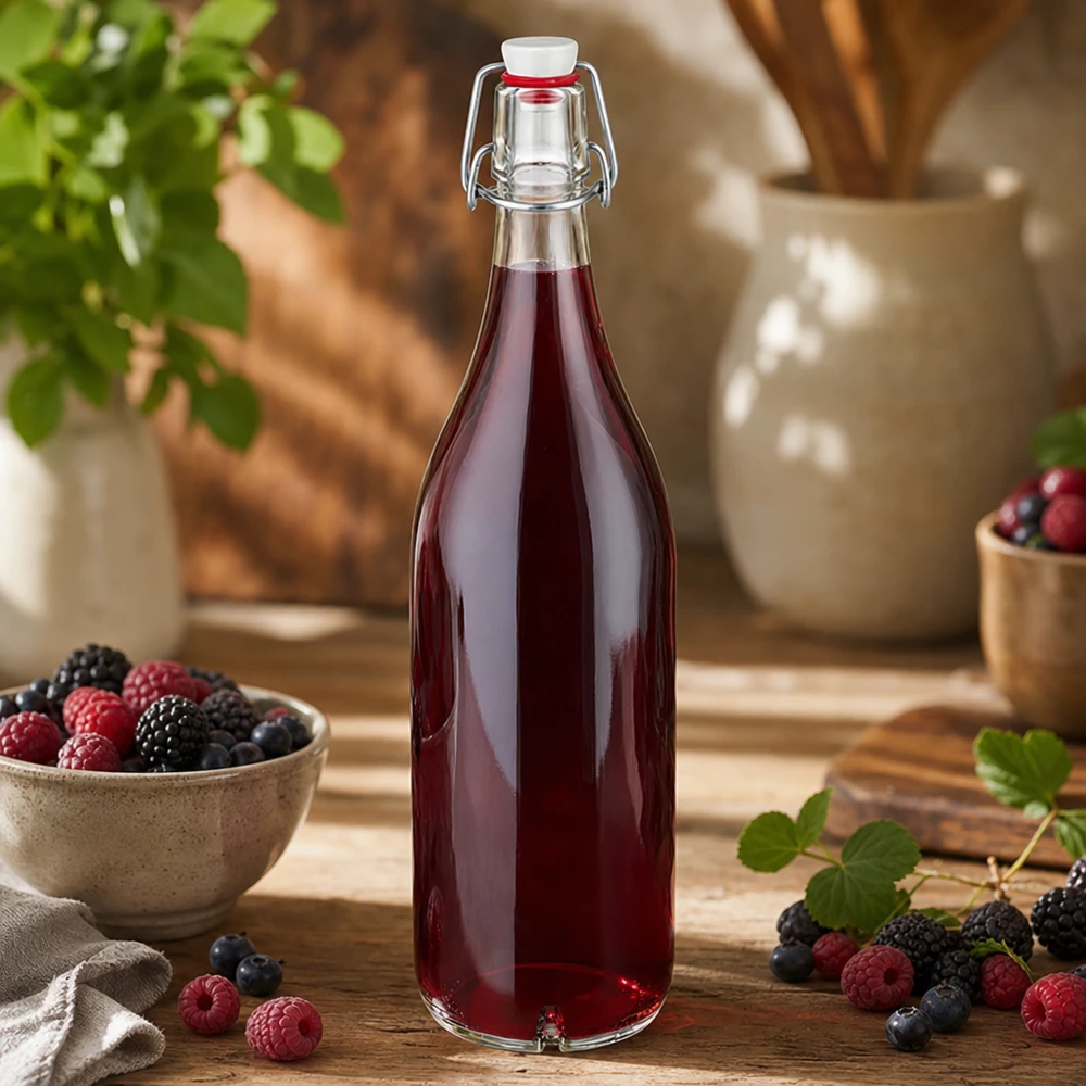 Bottiglia di vetro da 1000ml + piano oscillante in porcellana UN. 1000ml Glasflasche mit Bügelverschluss gefüllt mit Beerensaft neben frischen Himbeeren und Blaubeeren auf Holz