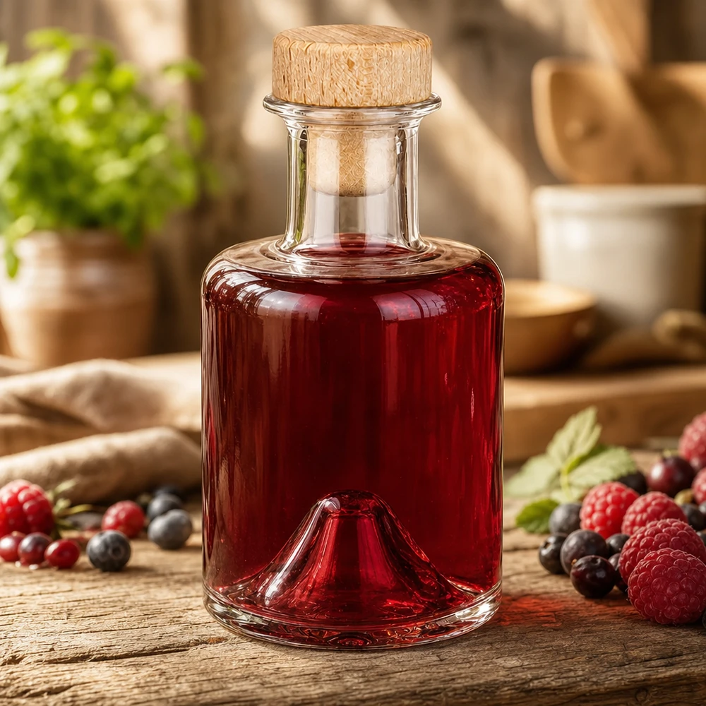 Bottiglia in vetro di Sofia da 200 ml con tappo in legno riempita di liquore ai frutti di bosco insieme a lamponi e mirtilli in un ambiente di cucina rustico