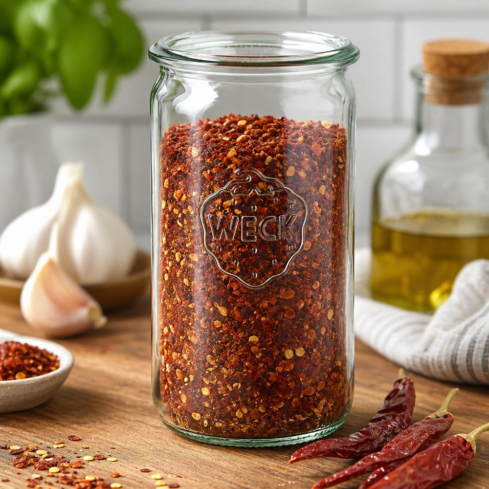 Barattolo di vetro cilindrico WECK RR60 da 340 ml Vaso cilindrico WECK da 340 ml RR60 riempito di fiocchi di peperoncino su un tavolo di legno con aglio e peperoncini secchi