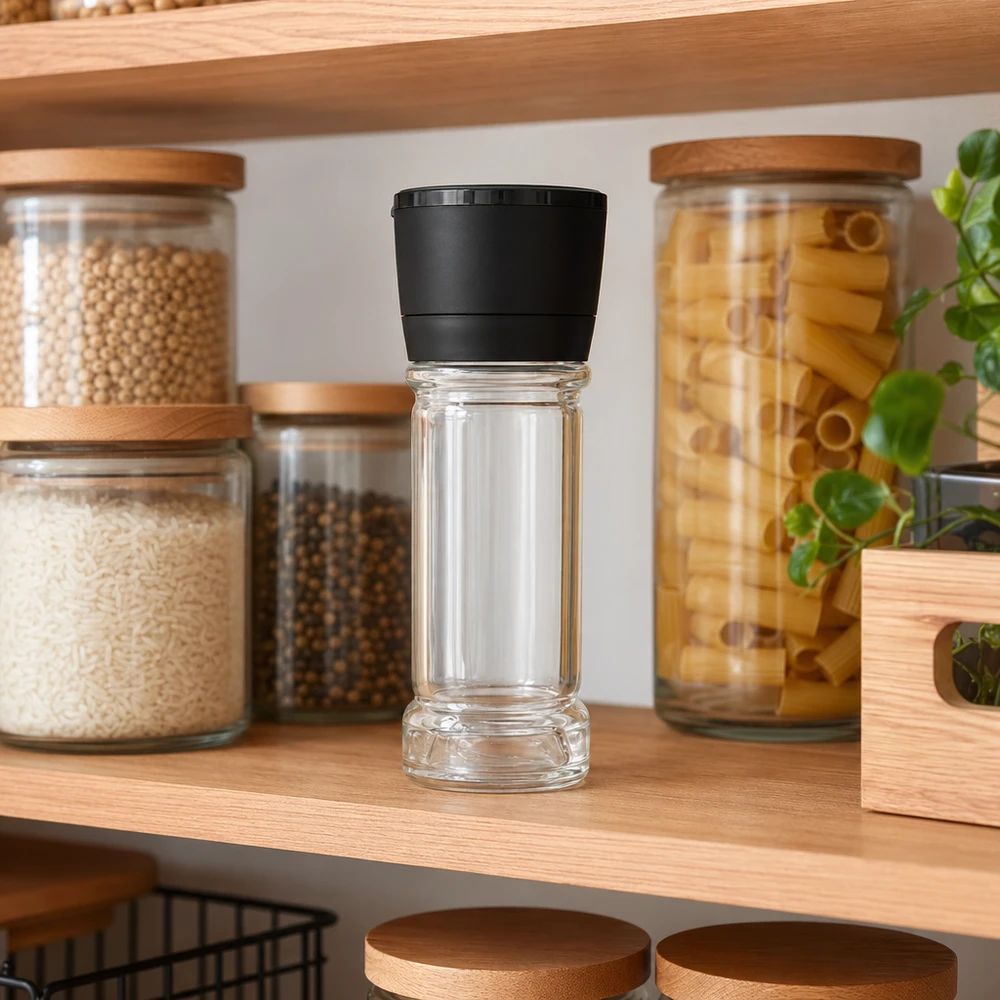 Pot à sel/épices 100 ml avec moulin Vario noir Nachfüllbares Gewürzglas 100ml mit Mühle Vario schwarz neben Pasta und Pfefferkörnern