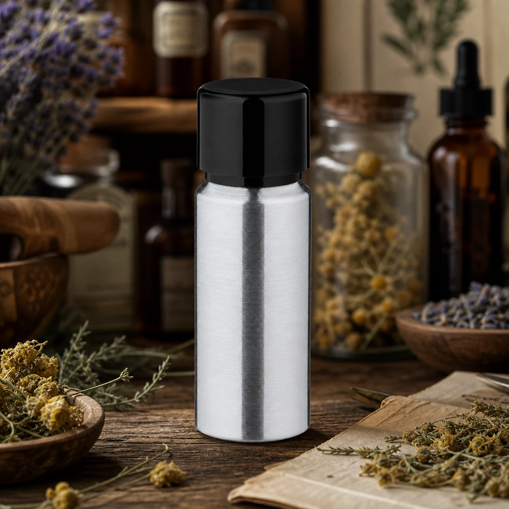 20ml geschliffene Aluflasche mit Schraubkappe 20ml Aluflasche mit satinierter Oberfläche und schwarzer Kappe für professionelle Anwendungen