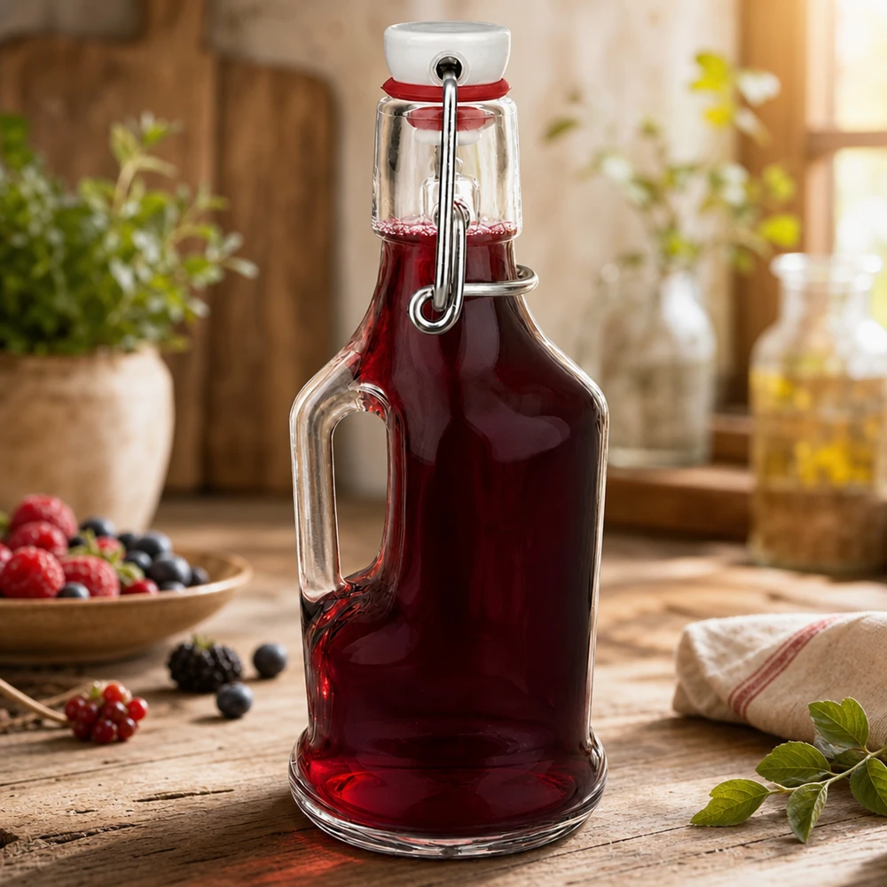 Bottiglia in vetro da 200 ml Bertha con tappo a clip in PVC UNiTWIST® Bottiglia di vetro Bertha 200ml riempita di succo di bacche rosse, tappo chiuso, cucina rustica con frutti di bosco