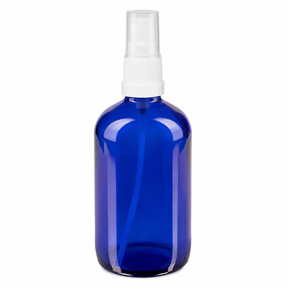 Apothekenflasche blau 100ml Sprayaufsatz weiß Leere 100ml blaue Glassprayflasche mit Pumpzerstäuber für Kosmetik Parfum und Naturheilkunde