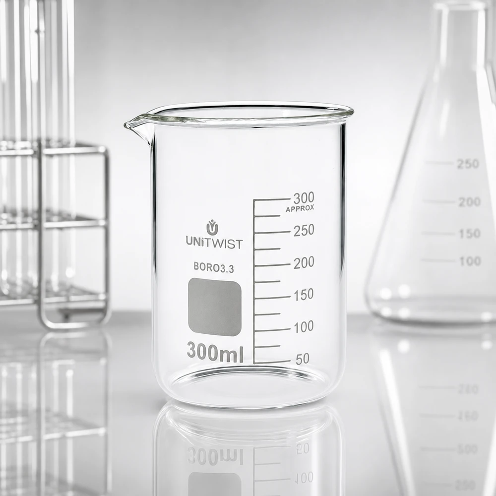 Bicchiere 300ml borosilicato, stampo basso UNiTWIST Bicchiere da laboratorio UNiTWIST da 300 ml in borosilicato, forma bassa, con scala in millilitri, accanto a un matraccio di Erlenmeyer
