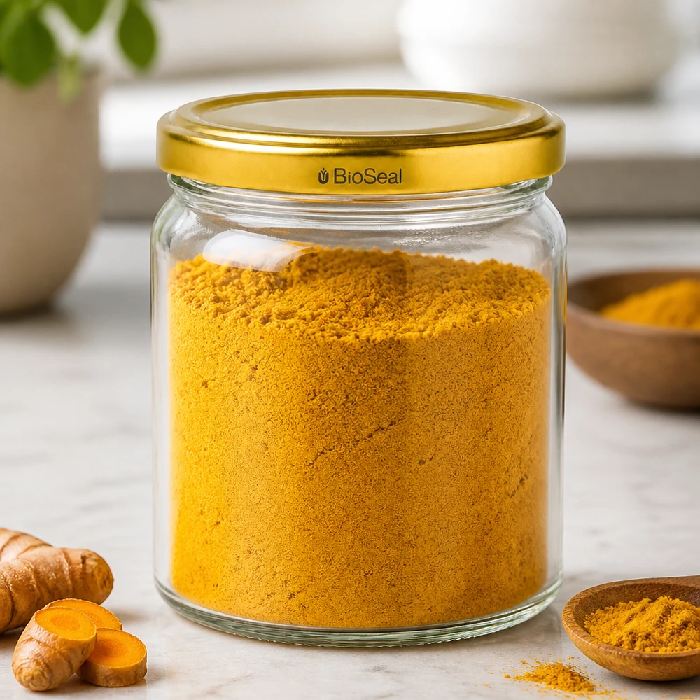 UNiTWIS Runda408 barattolo con coperchio dorato TO82 riempito di polvere di curcuma accanto a radici di curcuma fresche