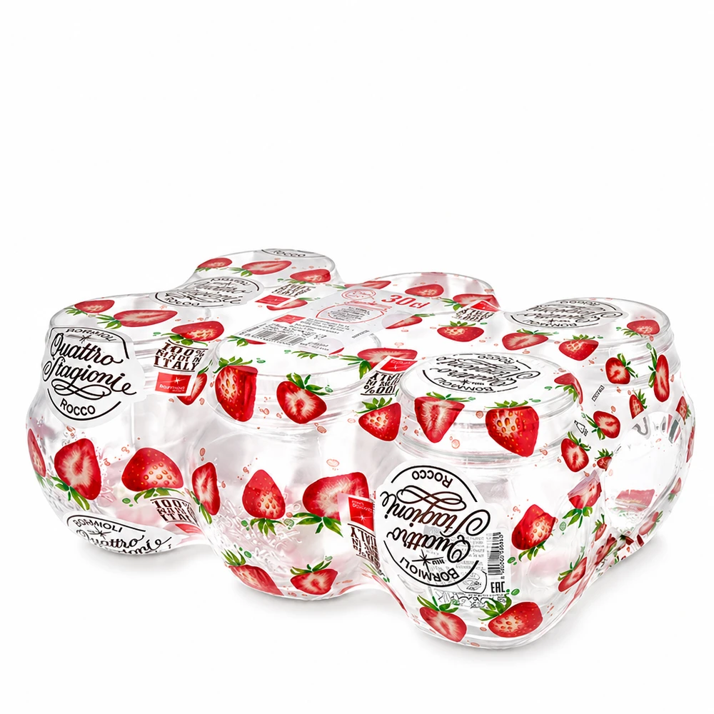 Barattolo rotondo "Quattro Stagioni" da 300 ml con coperchio Barattolo rotondo Quattro Stagioni da 300 ml con coperchio alla fragola Set di barattoli per conserve in vetro italiano