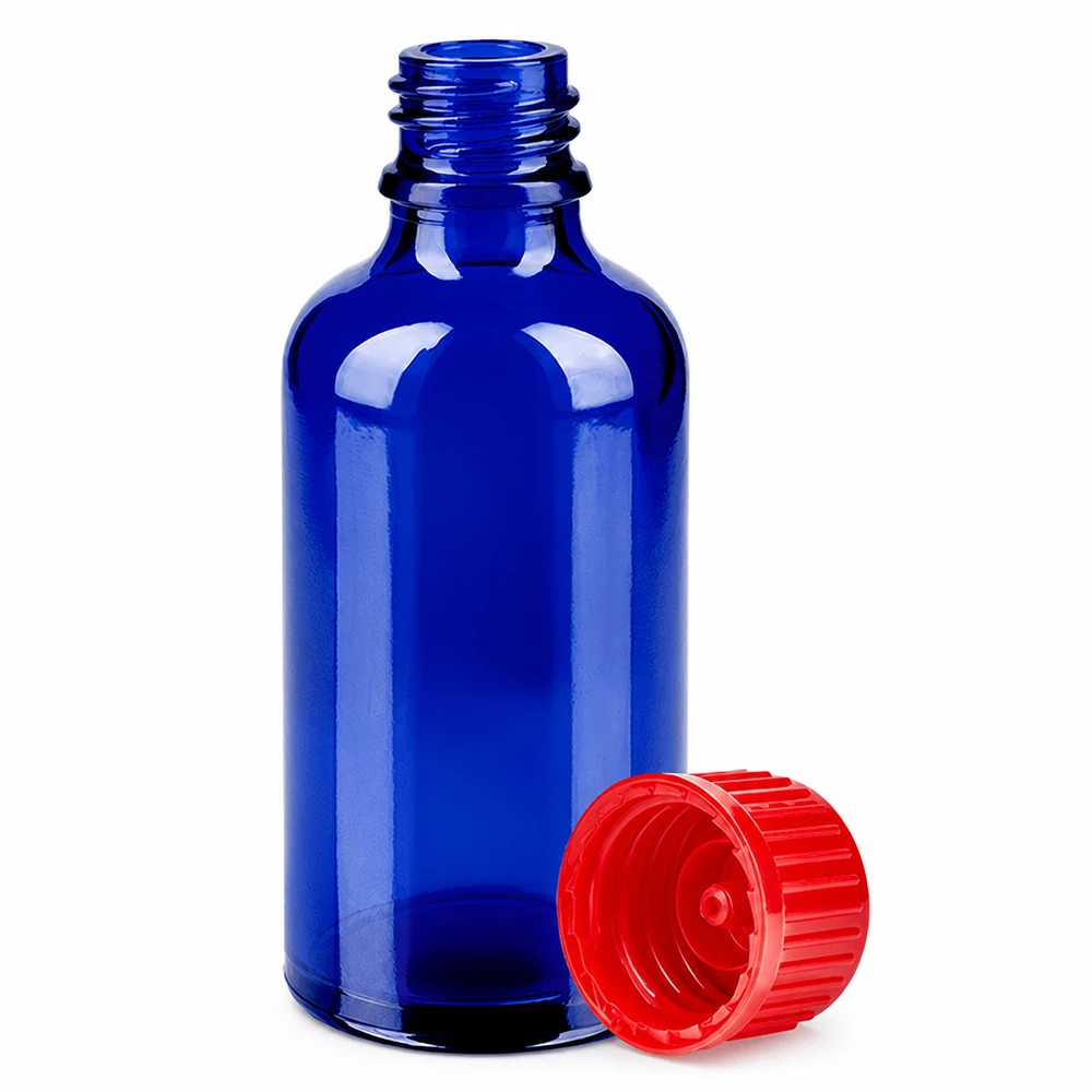 50ml Flasche 11mm Schraubverschluss rot Standard BlueLine UT18/50 Apothekerflasche 50ml in tiefblauem Glas mit rotem Deckel zum Schutz lichtempfindlicher Substanzen