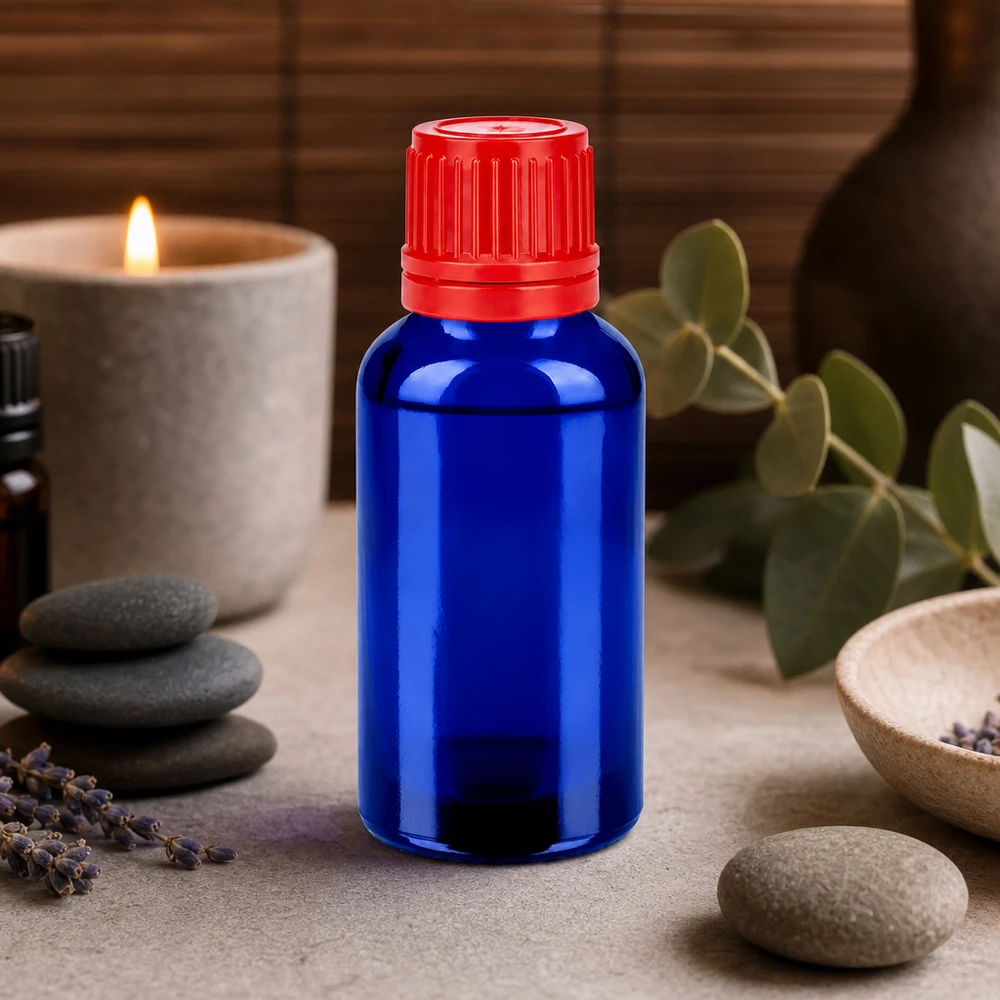 Flacone ergonomico in vetro da 30 ml con tappo a vite rosso antiscivolo per una manipolazione sicura