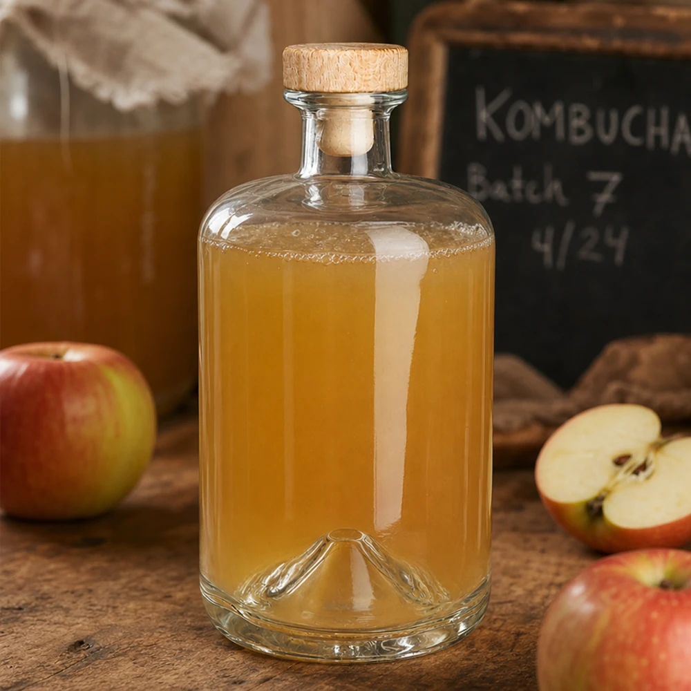 Flacone farmaceutico da 700 ml Sofia con tappo in sughero con impugnatura in legno UNiTWIST® Bottiglia in vetro Sofia da 700 ml con tappo in legno riempita di succo di mela accanto a mele fresche e bar Kombucha