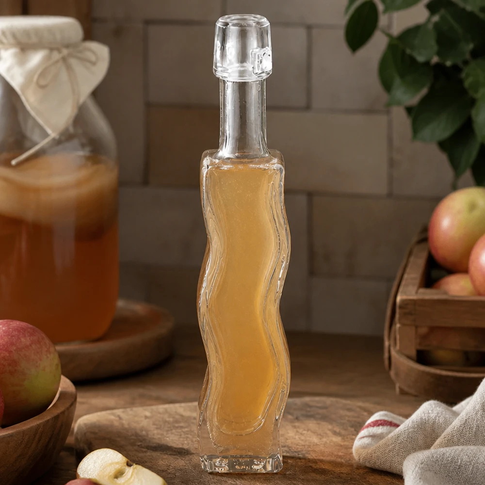 bottiglia di vetro da 40 ml Anna riempita di aceto di sidro di mele cucina rustica tavola di legno mele fresche ingredienti naturali vinaigrette