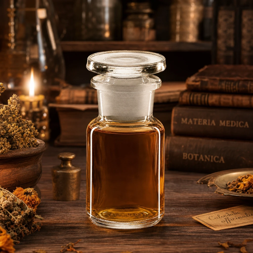 Flacone da farmacia trasparente a collo largo da 50 ml con tappo in vetro, contenente olio color ambra