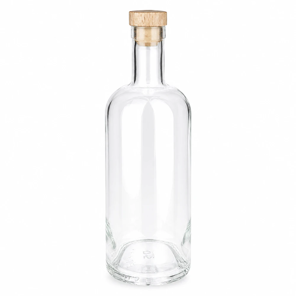 Bottiglia in vetro da 750 ml Emma con tappo in sughero con impugnatura in legno UNiTWIST® Bottiglia di vetro da 750 ml Emma con manico in legno e tappo in sughero UNiTWIST trasparente vuoto Foto del prodotto su sfondo bianco
