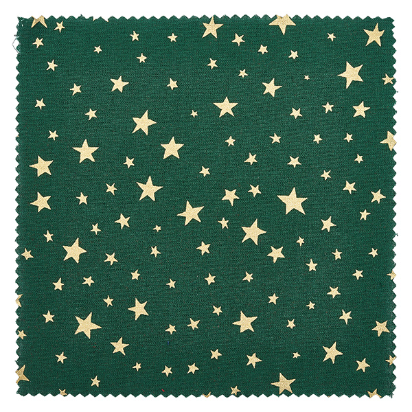 Centrino per gioielli in tessuto verde "stelle" 12cm quadrato Primo piano di tessuto verde con stelle dorate di diverse dimensioni, materiale decorativo per centrini 12x12cm quadrati