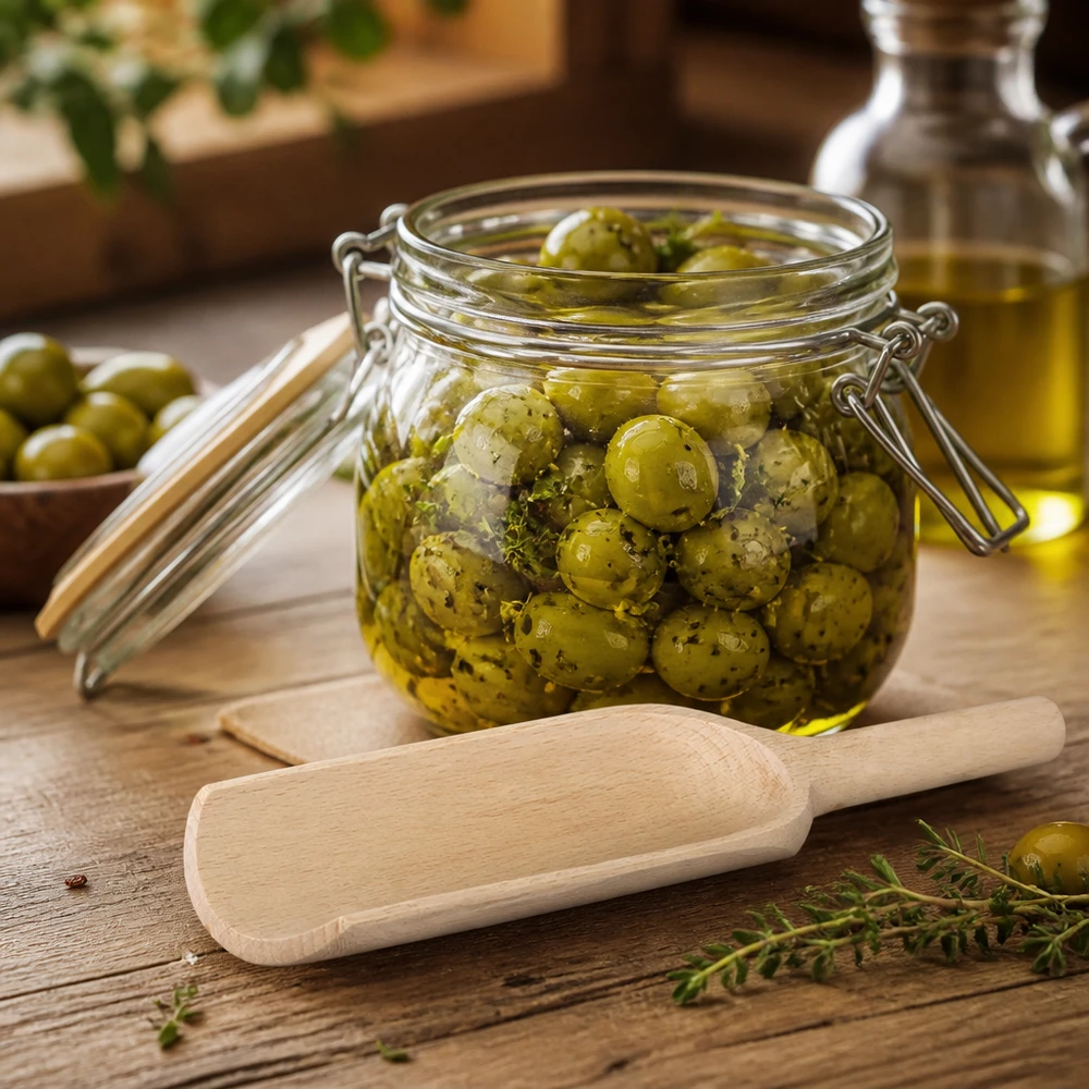 Pala di legno misura L a forma piatta lunga 18 cm Paletta di legno L 18cm piatta accanto a barattolo per conserve con olive marinate erbe e olio d'oliva scenario cucina mediterranea