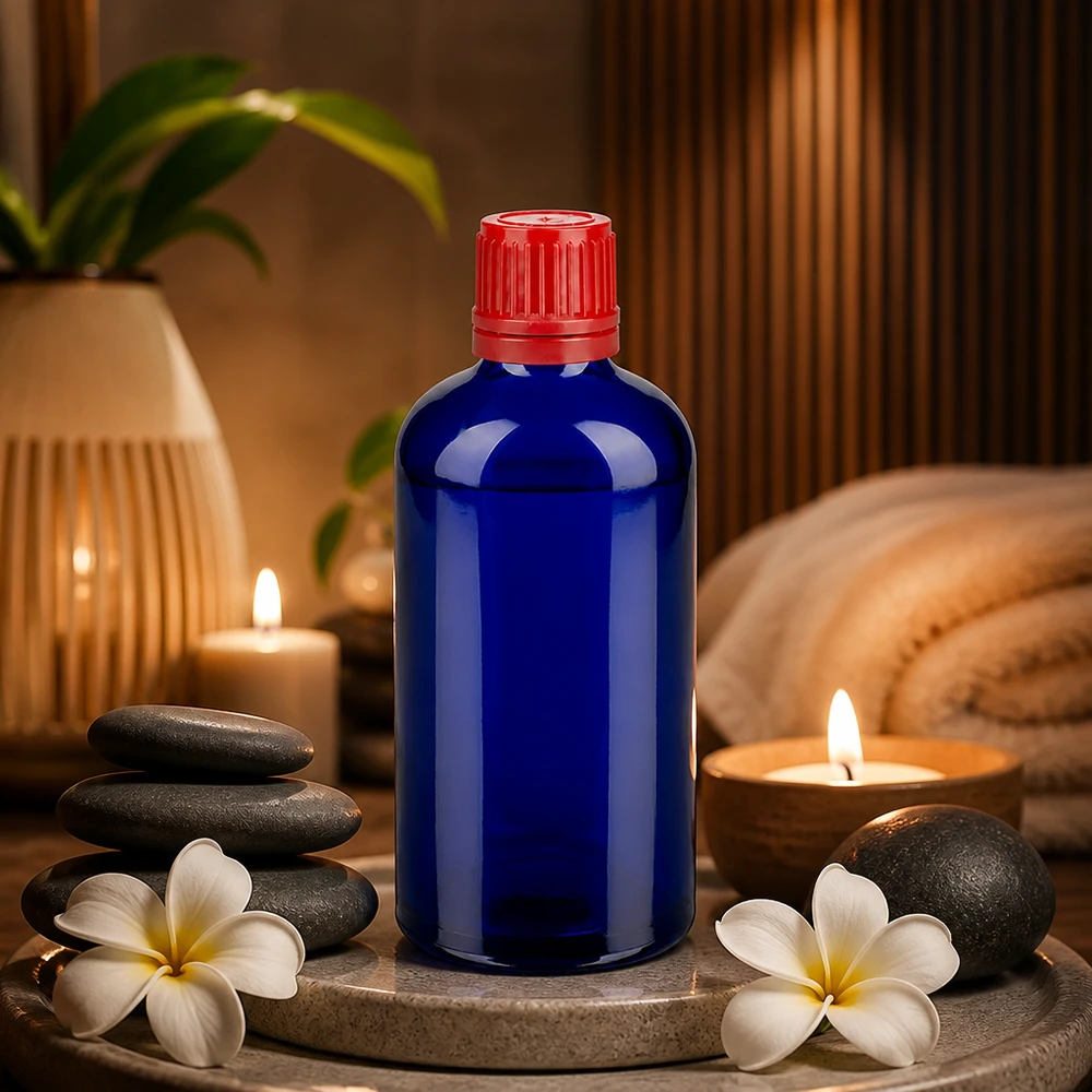 Bottiglia da 100ml 11mm SV rosso OV BlueLine UT18/100 Flacone di protezione dalla luce 100ml in elegante blu cobalto con tappo rosso per tessuti sensibili alla luce
