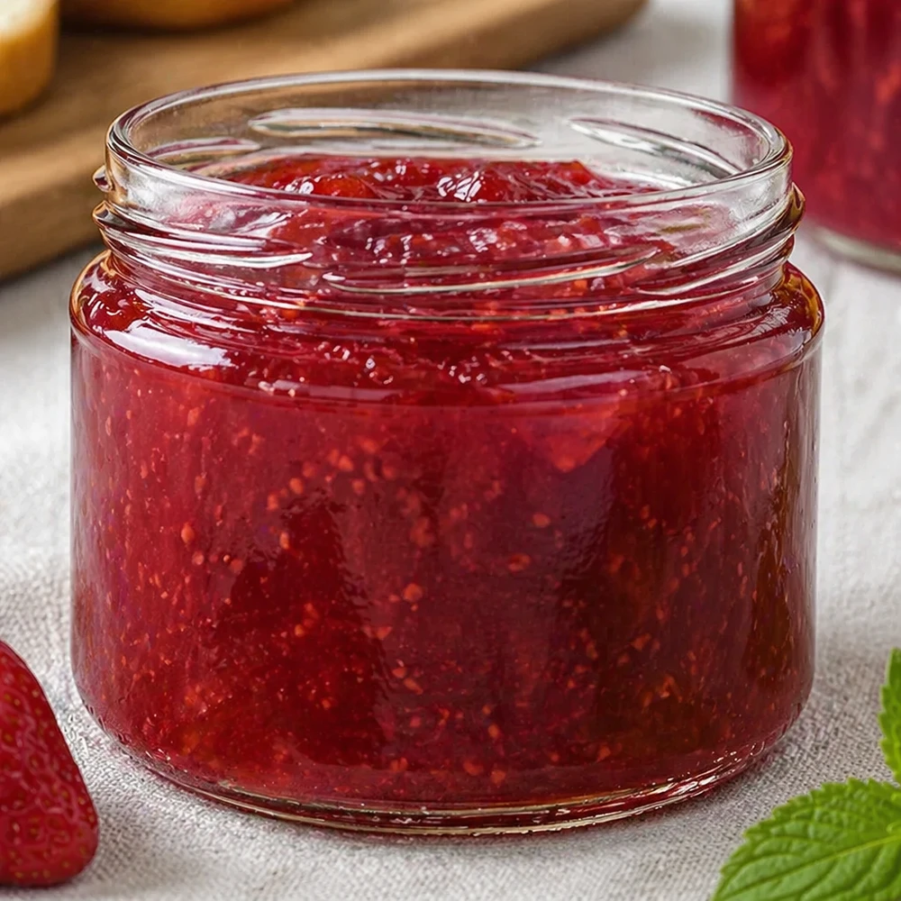 UNiTWIST Runda330 Rundglas gefüllt mit roter Erdbeermarmelade Konfitüre hausgemacht selbstgemacht Einkochen