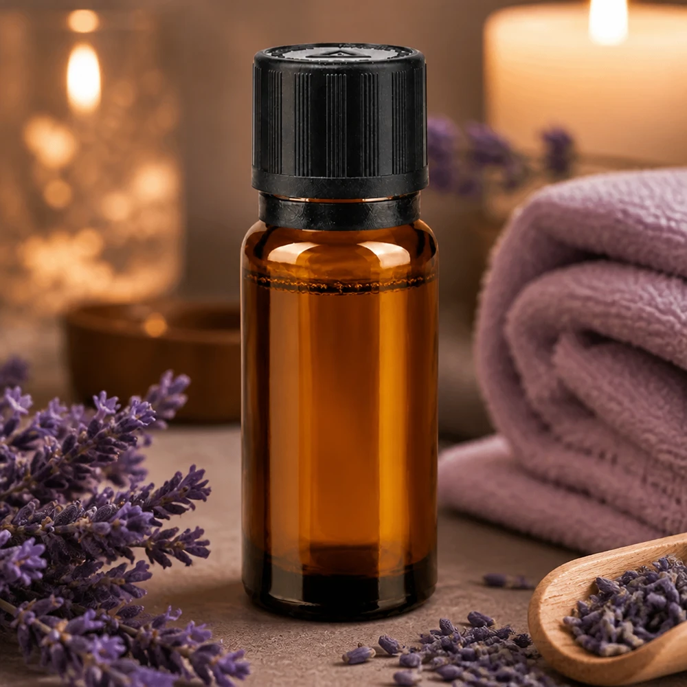 10ml bre. Gocciolatore. OV KiSi Bli nero/1mm ApoGlas Piccola boccetta di vetro ambrato da 10 ml con tappo a vite nero, circondata da fiori di lavanda e candele