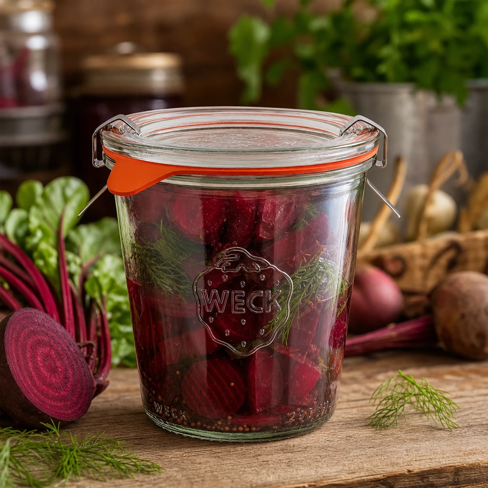 290ml Sturzglas hoch komplett WECK RR80 WECK Einmachglas 290ml RR80 gefüllt mit eingelegten Rote Bete Scheiben und frischem Dill in rustikaler Küche