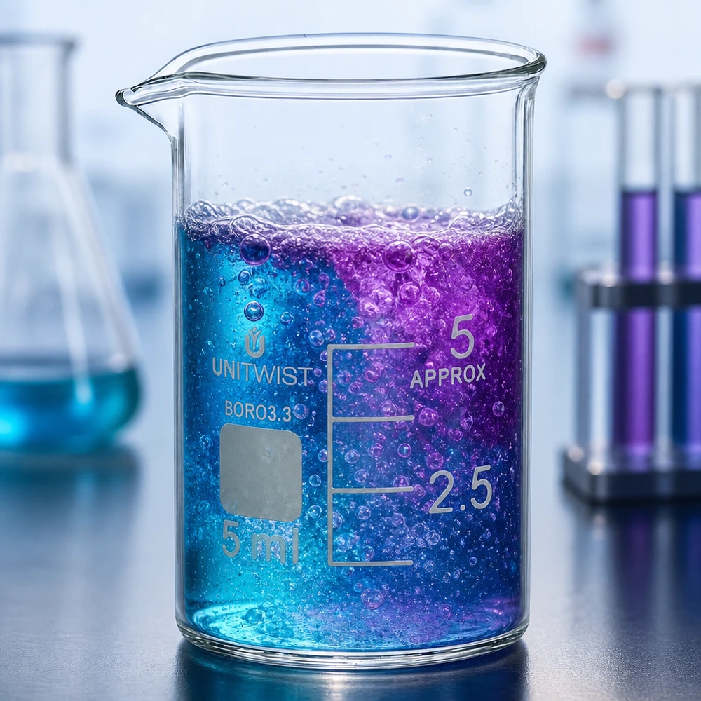 Bicchiere 5ml in borosilicato, forma bassa UNiTWIST Provetta da 5 ml di forma bassa con reazione blu-viola e formazione di bolle in ambiente di laboratorio