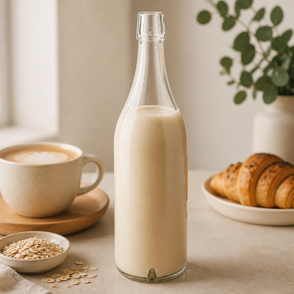 Bottiglia di vetro 1000ml UNiTWIST riempita di latte d'avena colazione da tavola croissant caffè luce cucina verdura