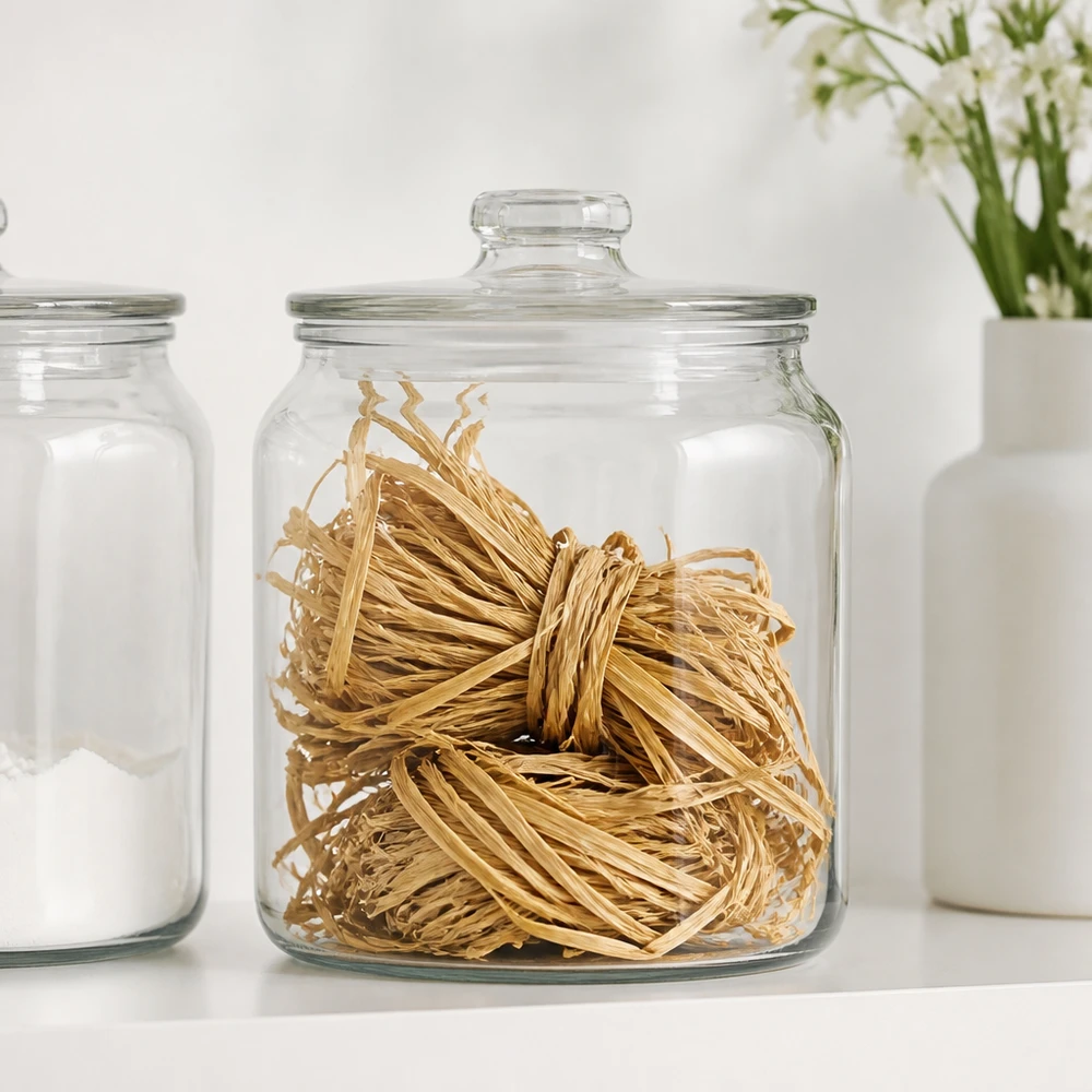 Rafia naturale da 30 g in barattolo di vetro con coperchio, conservata accanto a barattoli bianchi per un'organizzazione ordinata dei materiali artigianali.
