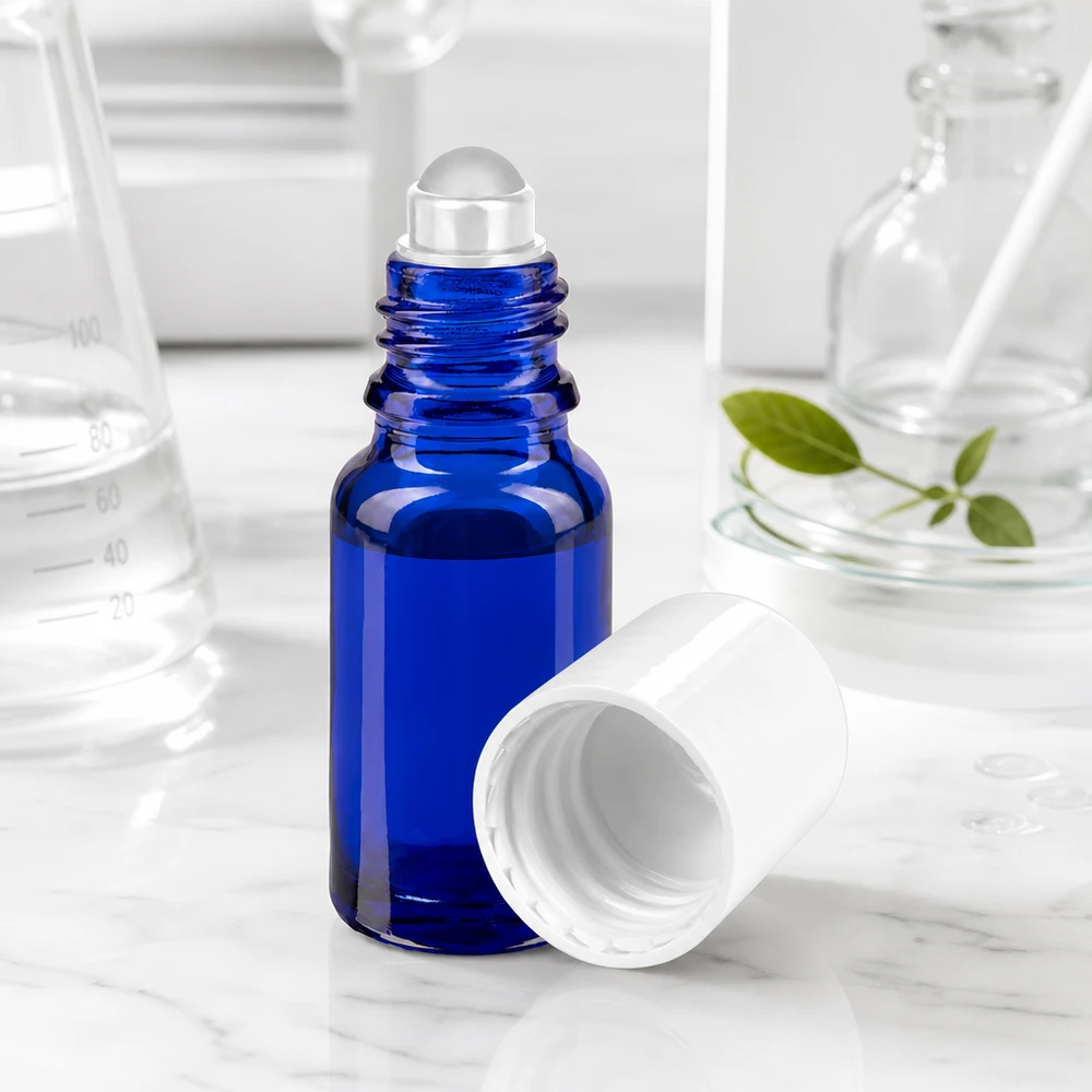 Flacone roll-on 10ml blu STD bianco ApoGlas Flacone roll-on da 10 ml blu cobalto con sfera di vetro trasparente e tappo bianco su sfondo marmorizzato