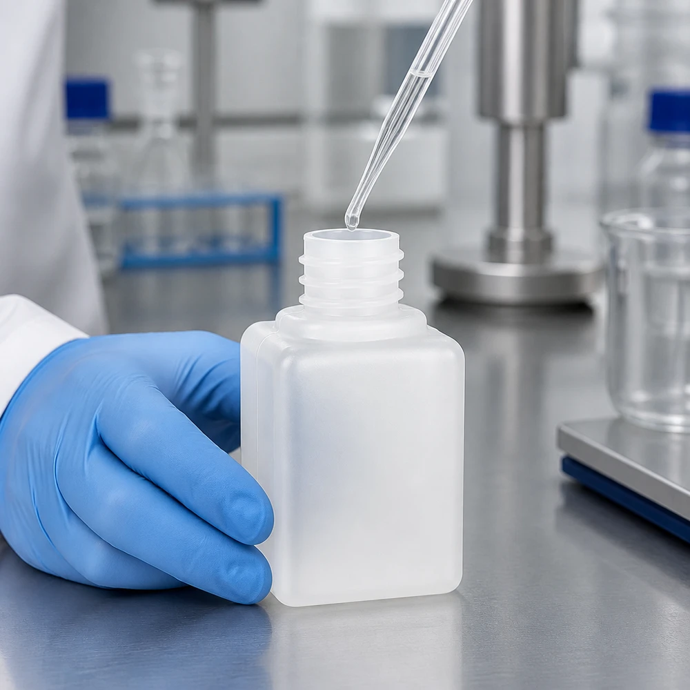 Remplissage d'un flacon compact en PE-HD de 20 ml à col étroit GL18 à l'aide d'une pipette de transfert
