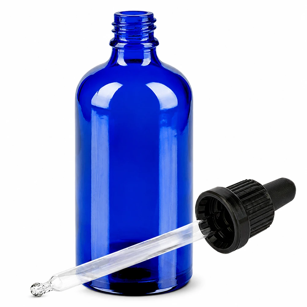 Flacone per pipette da 100 ml nero OV BlueLine UT18/100 Flacone per medicinali 100ml blu cobalto con contagocce per applicazioni farmaceutiche