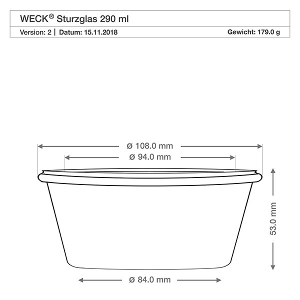 Bocal WECK RR100 de 290 ml, à bord évasé et couvercle en verre Technische Zeichnung WECK Sturzglas 290ml RR100 mit Maßangaben, Durchmesser 108mm, Höhe 53mm, Gewicht 179g