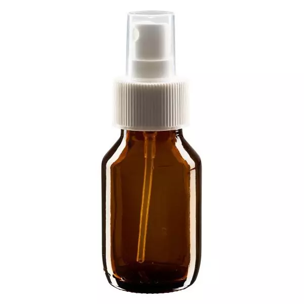 Flacon médical norme européenne de 50 ml avec spray blanc GCMI 28/410 et couvercle transparent, standard