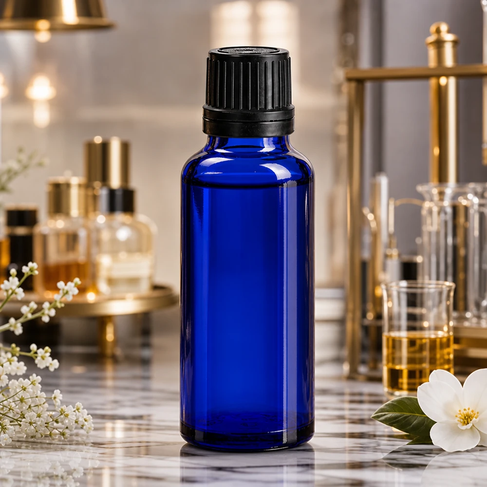 Apothekenflasche blau 30ml Schraubverschluss schwarz Giessring Originalitätsverschluss 30ml blaue Abfüllflasche mit schwarzem 8mm OV-Verschluss für Kosmetik und Aromatherapie