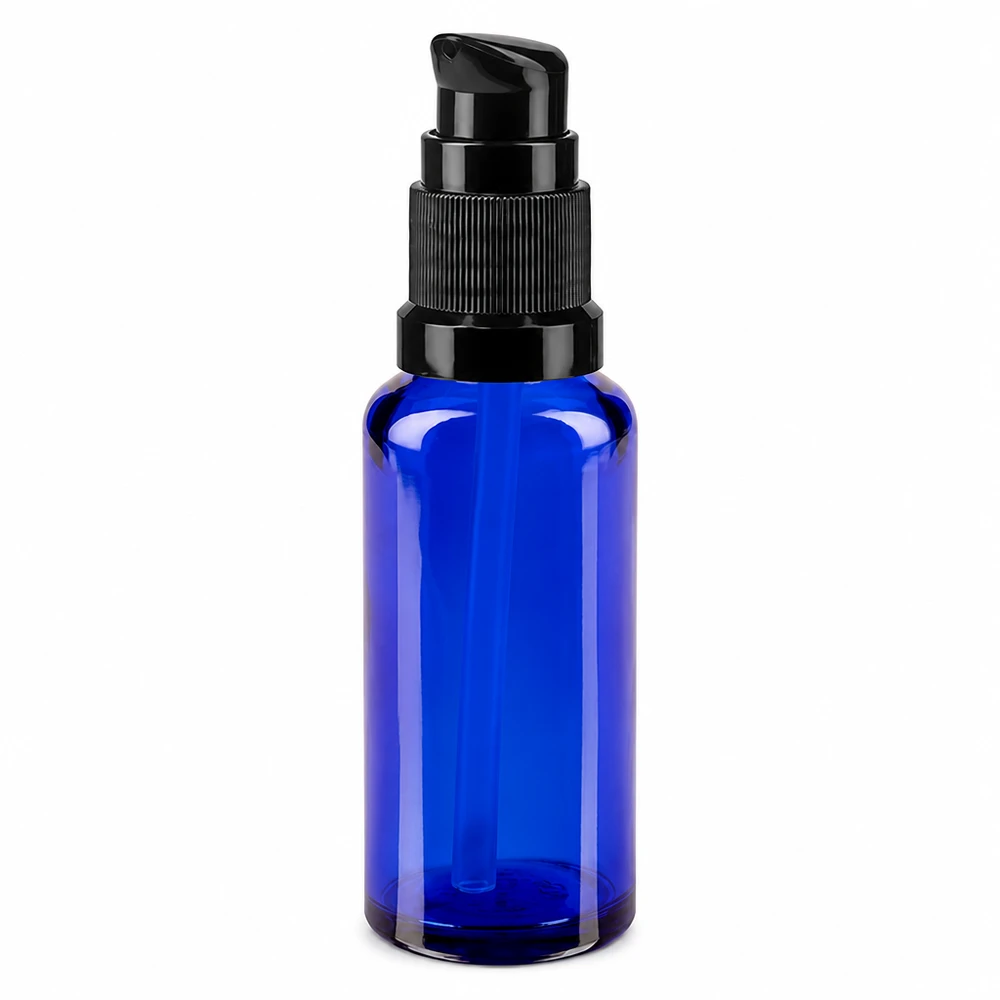 Kleine blaue Glasflasche 30ml mit Pumpdosierer für flüssige Produkte