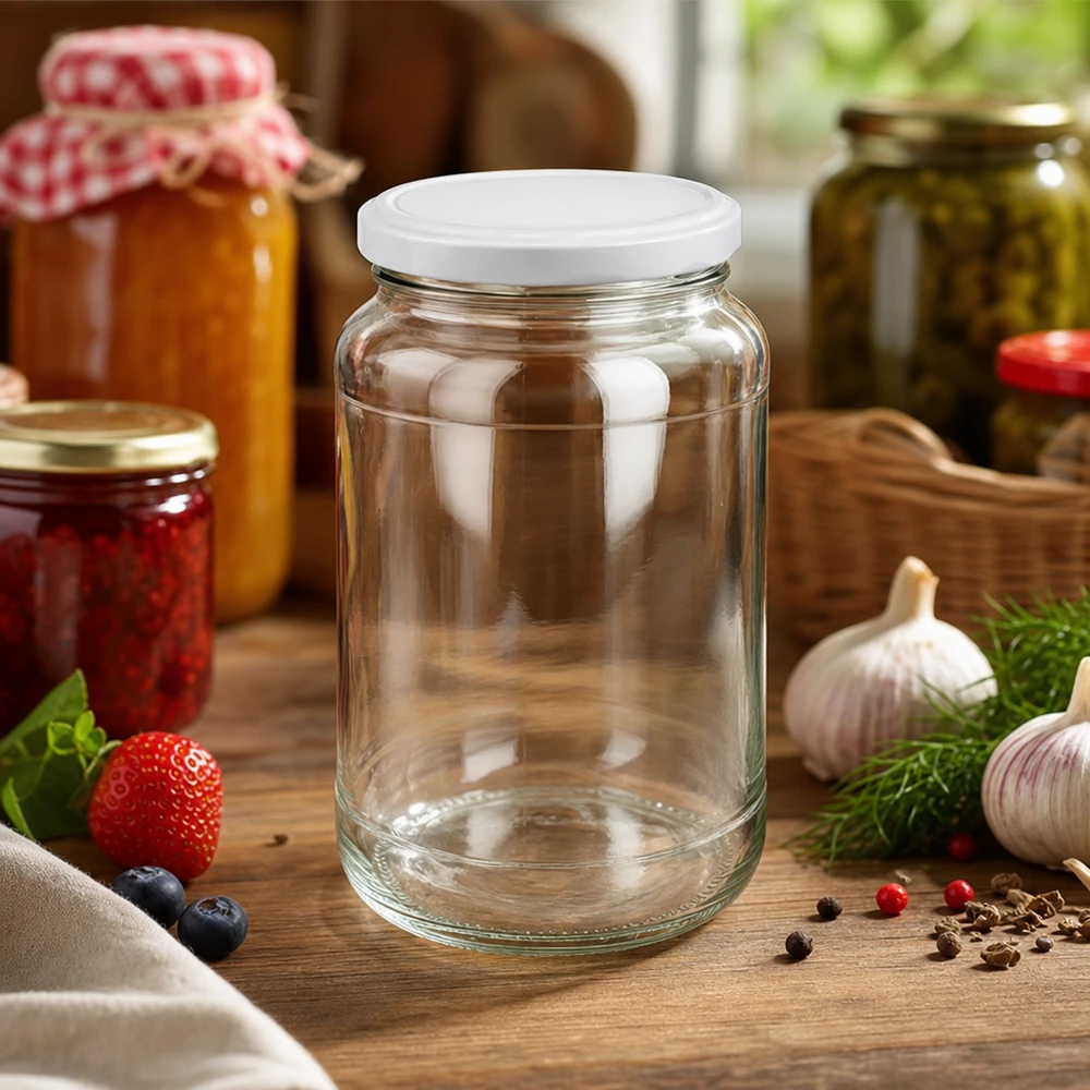 1700ml Rundglas mit BasicSeal Deckel weiß UNiTWIST 1700ml Rundglas leer mit weißem BasicSeal Deckel in Küche zwischen Marmeladengläsern und frischen Zutaten