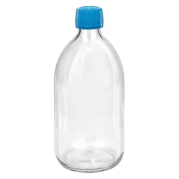 Flacone per medicinali da 500 ml trasparente, tappo blu con chiusura antimanomissione