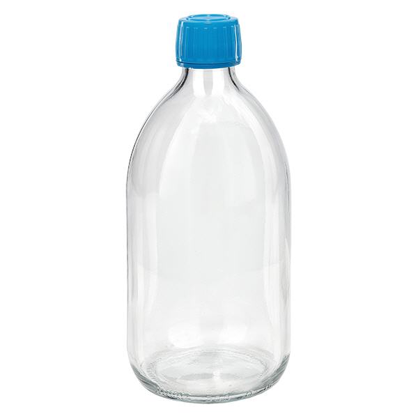 500ml Medizinflasche klar, Verschluss blau mit Originalitätsring ApoGlas