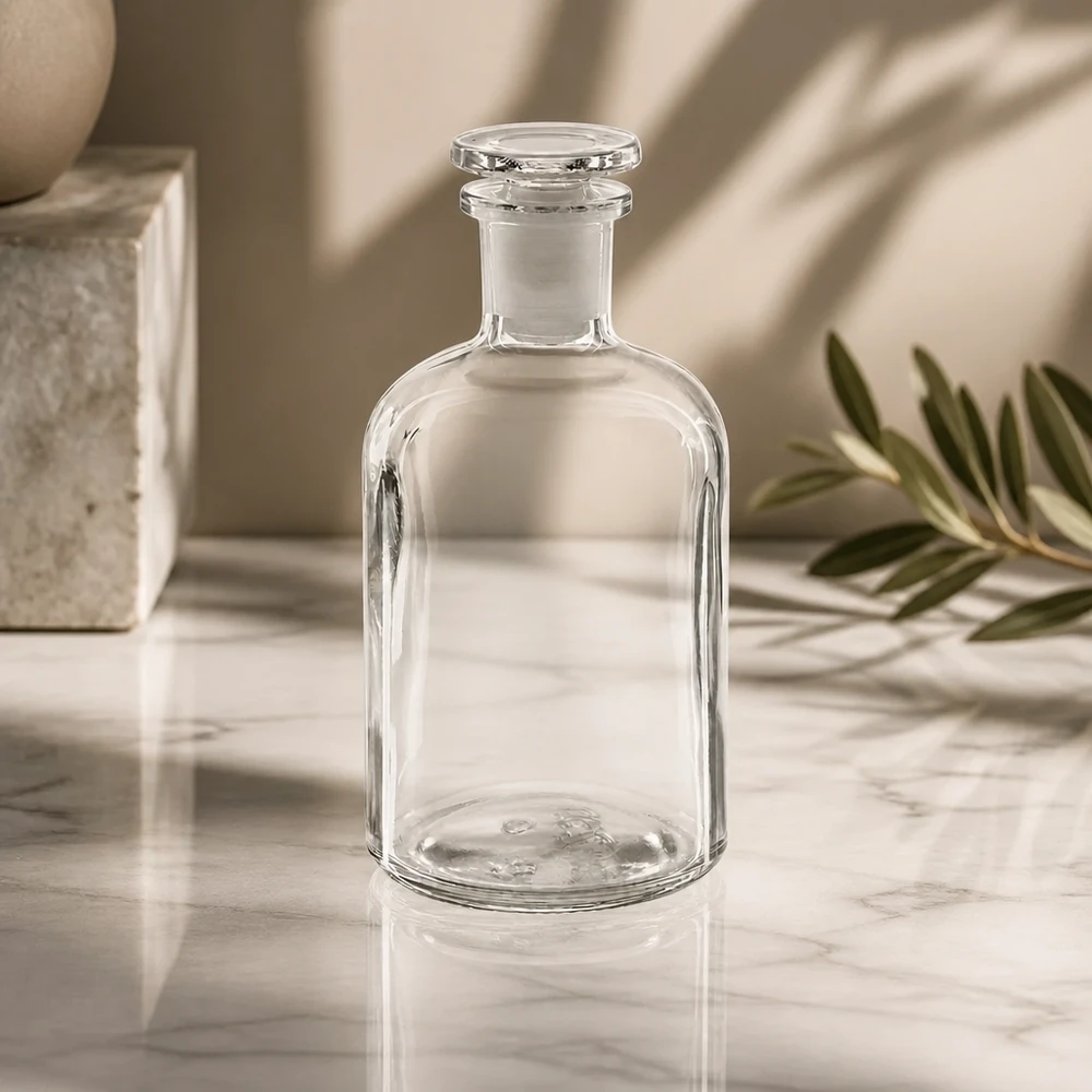 Flacon pharmaceutique 250 ml col étroit en verre clair + bouchon Flacon de pharmacie transparent de 250 ml avec bouchon en verre, de forme cylindrique, pour le laboratoire et l'usage domestique