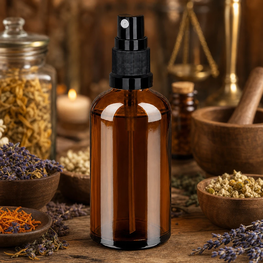 Flacone spray da 100 ml in vetro ambrato con chiusura ermetica per una freschezza di lunga durata.