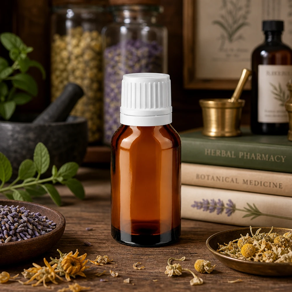 Apothekenflasche braun 30ml Schraubverschluss weiß Originalitätsverschluss Braune Glasflasche 30ml mit weißem Originalitätsverschluss in rustikaler Apotheken-Atmosphäre