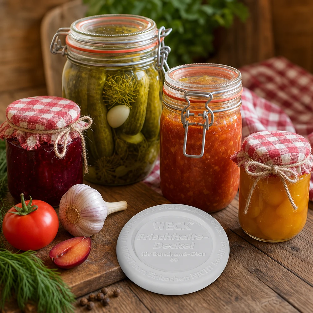 WECK Frischhaltedeckel RR60 WECK Frischhaltedeckel RR60 Einmachgläser mit hausgemachten Konserven Marmelade Gurken Tomaten rustikale Küche