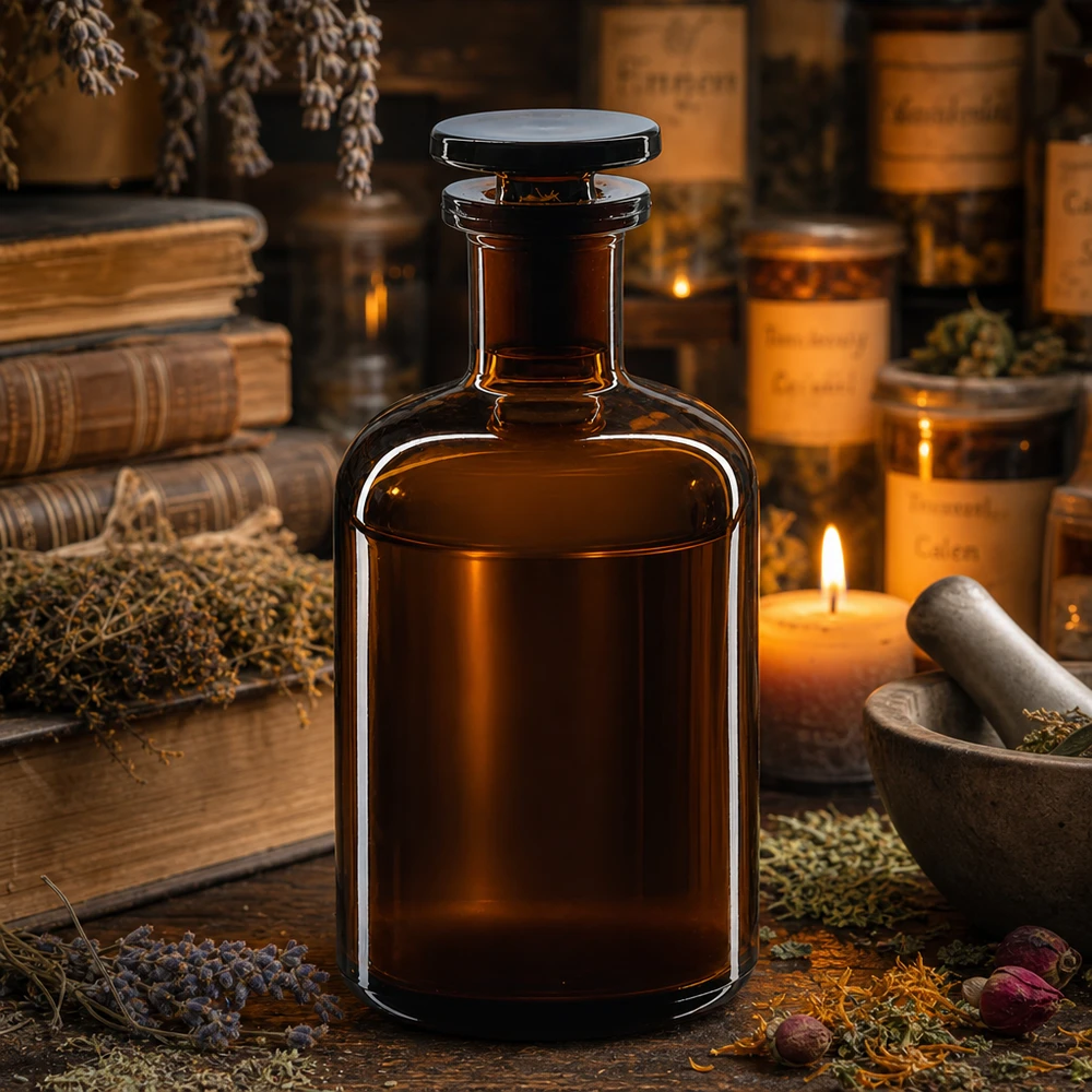 Fiaschetta da farmacia da 100 ml, marrone, a collo stretto, con tappo in vetro, per erbe e tinture