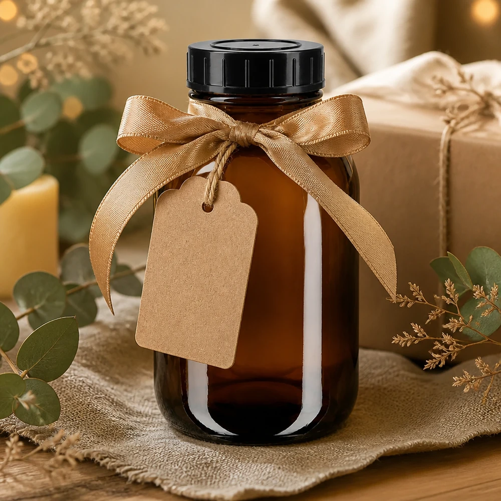 Bocal à col large en verre ambré 500 ml + couvercle à vis Bouteille en verre brun de 500ml à large ouverture avec bouchon vissé, idéale pour les sirops et les teintures.