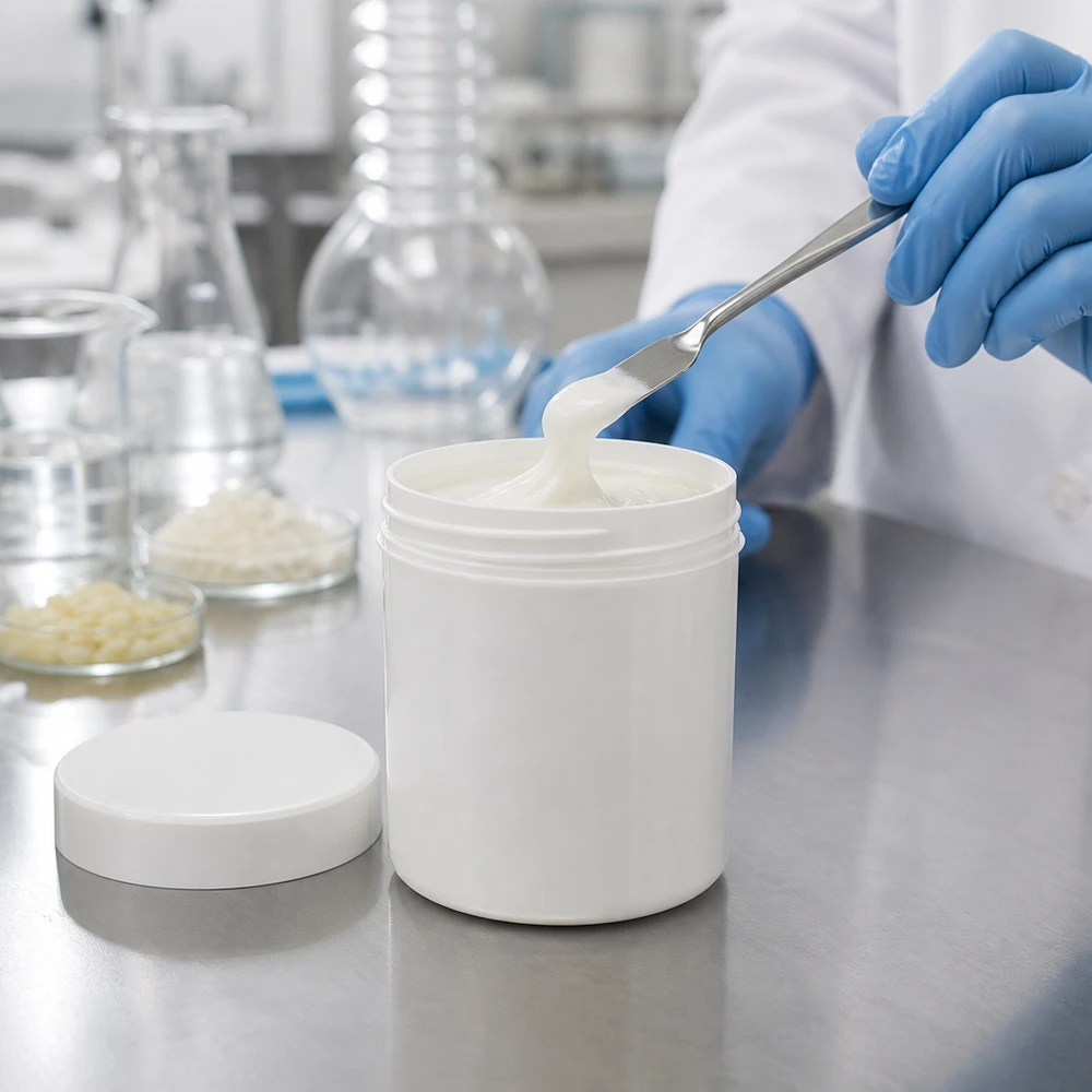 Pot à onguent blanc 30 g avec couvercle blanc (PP) Remplissage d'un pot rond en plastique blanc de 30 g avec une pommade onctueuse à l'aide d'une spatule en laboratoire