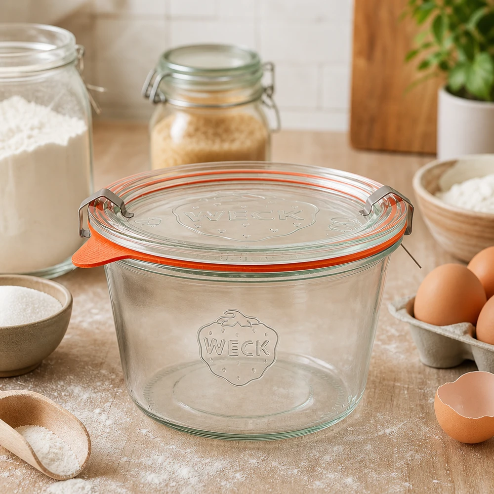 370ml Sturzglas komplett WECK RR100 WECK Sturzglas 370ml RR100 leer auf Küchenarbeitsplatte zwischen Backzutaten zeigt vielseitige Verwendung beim Backen