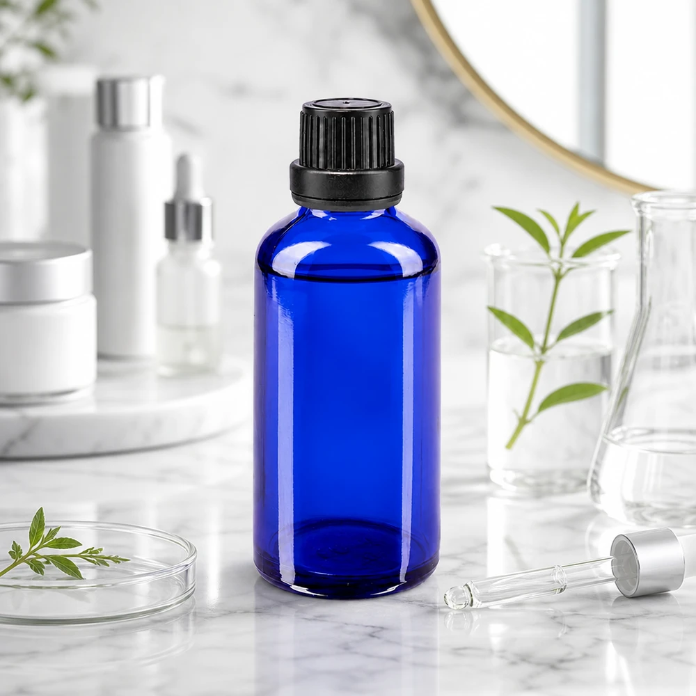 Apothekenflasche blau 50ml Schraubverschluss schwarz Dichteinlage Originalitätsverschluss UV-Schutz Glasflasche 50ml kobaltblau mit Schraubverschluss für Seren und Naturkosmetik