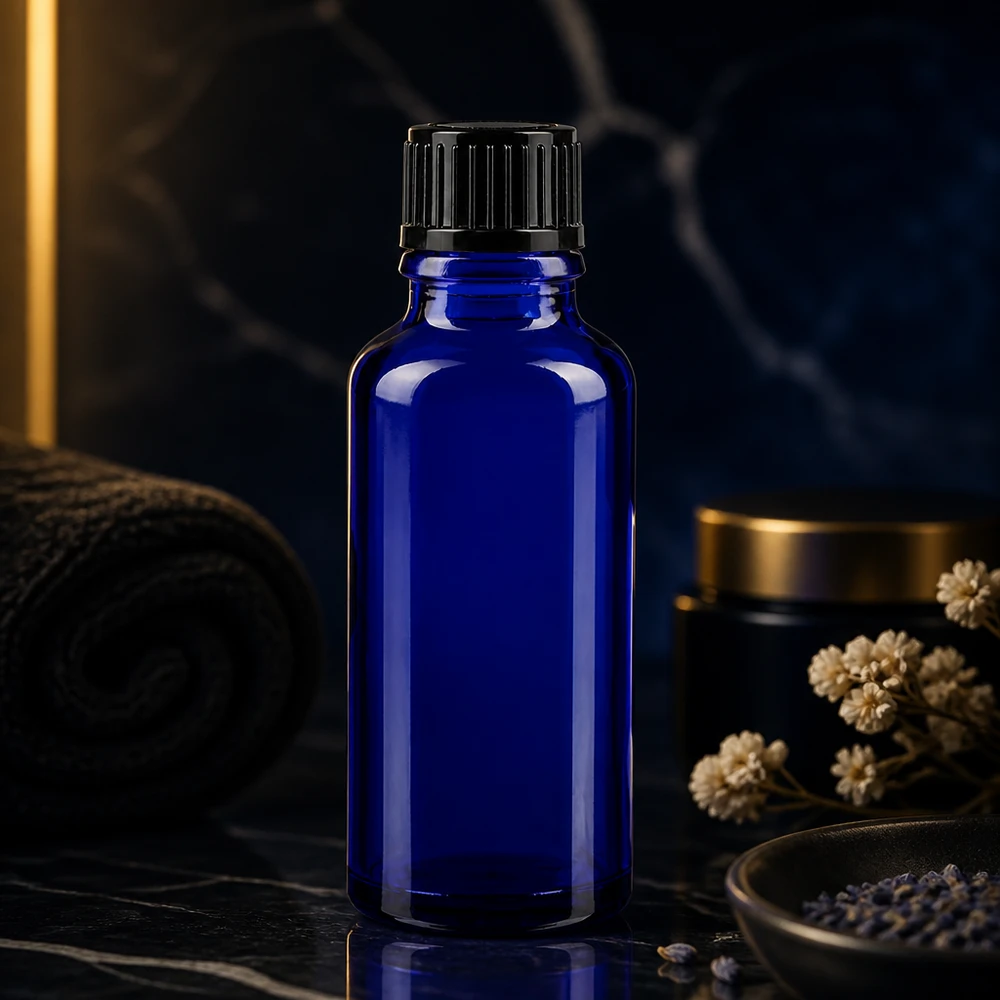 Flacon compte-gouttes bleu foncé de 30 ml avec bouchon à vis nervuré, sur fond de marbre noir orné de fleurs séchées