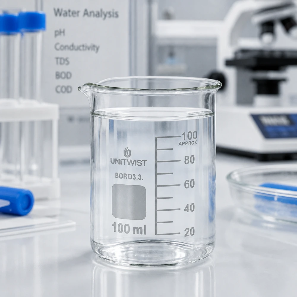 Bicchiere 100ml borosilicato, stampo basso UNiTWIST Becher da 100 ml a forma bassa con acqua limpida per analisi dell'acqua: pH, conducibilità, TDS, BOD, COD